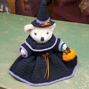 vintage crochet Halloween witch doll dress ON BEAR